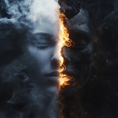 Poster - A striking close-up portrait of a human face artistically split in half to reveal contrasting themes of light and darkness