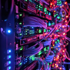 Poster - Close-up view of a vibrant server rack with colorful lighting and network cables in a data center environment