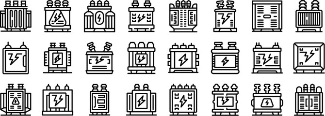 Poster - Transformer energy icons set. Set of electric transformer icons depicting various types of power distribution and conversion equipment, essential for electrical grids