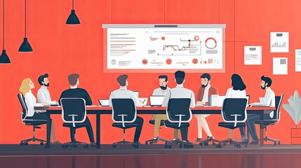 Poster - Businesspeople gathered around a table, looking at a presentation on the wall