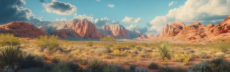 Poster - Stunning view of Red Rock Canyon during midday showcasing dramatic cliffs and vibrant desert foliage