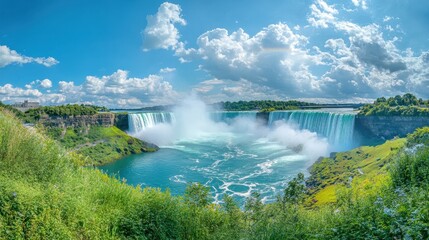 Poster - A stunning view of the breathtaking Niagara Falls under a bright blue sky with fluffy clouds during a sunny day