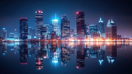 Aufkleber - A stunning view of the illuminated Detroit skyline reflecting in water under a night sky