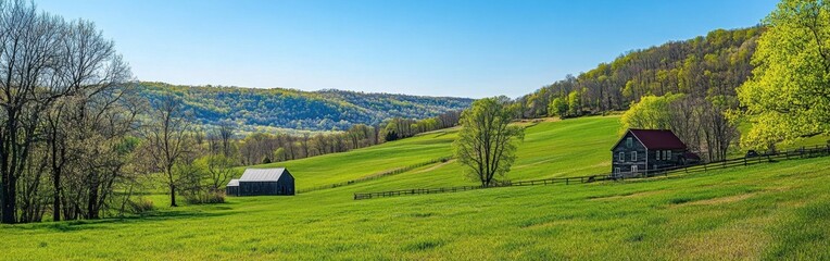 Poster - A serene view of rolling hills and farmland with a rustic house and barn under clear blue skies, captured in springtime sunlight