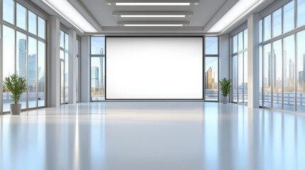 Poster - An empty photo studio with a large white backdrop, ready for a model shoot. Softbox lights illuminate the scene, creating a clean atmosphere.