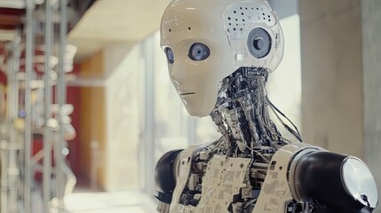 Poster - A humanoid robot with exposed wiring and a white face