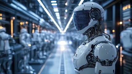 Poster - Advanced humanoid robot in a futuristic factory setting