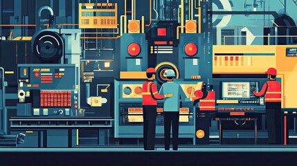 Poster - Industrial Control Room with Three Workers Monitoring Machinery