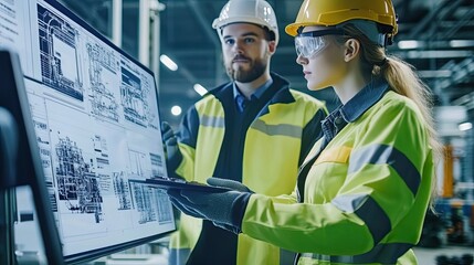 Poster - Engineers in a Factory Reviewing Technical Drawings on a Large Screen