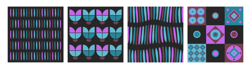 Poster - Vintage backgrounds, retro 1970s cards with patterns, meshes, geometric forms and distorted lines. Vector decorative illustrations, abstract art.