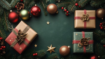 christmas eve concept. top view photo of gift boxes with ribbon bows green red baubles gold star orn