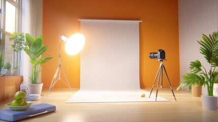 Poster - Home photography setup with natural lighting from a window, a small backdrop, and a camera on a tripod, ideal for small shoots.
