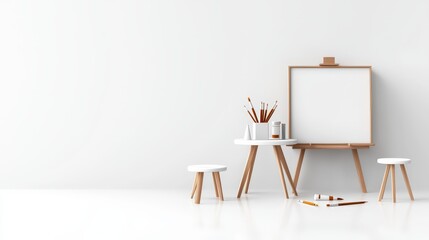 Poster - Minimalist art classroom featuring tables with art supplies and stools, isolated on a white background.