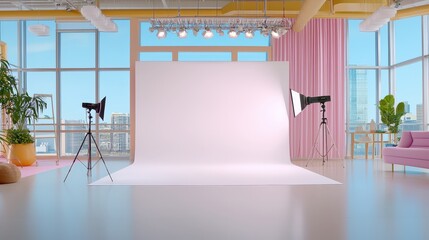 Poster - Large seamless white backdrop hanging in a professional studio, with a tripod and lights set up for a photoshoot.
