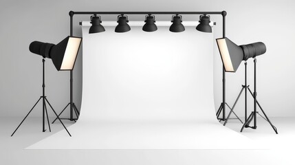 Poster - Professional studio setup, featuring a sleek background, well-arranged lighting equipment, and DSLR camera on a tripod.