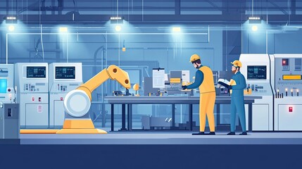 Poster - Two Workers and a Robotic Arm in a Factory Setting