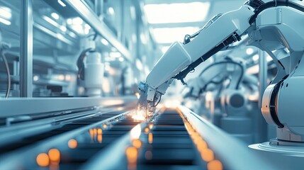 Poster - Robotic Arm Working on a Conveyor Belt in a Factory