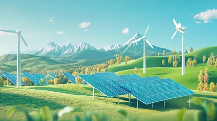 Wall Mural - Solar Panels and Wind Turbines in a Mountainous Landscape