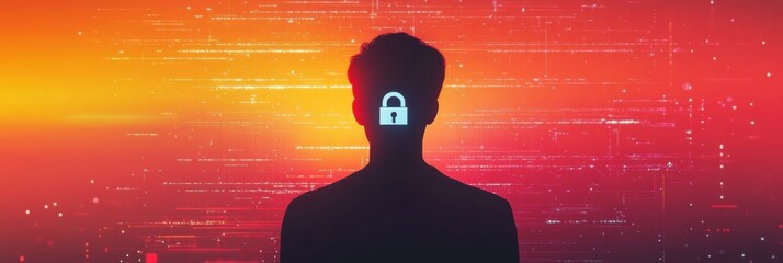 Fototapete - A person’s silhouette is set against a colorful digital environment, highlighting the importance of privacy in technology. Generative AI