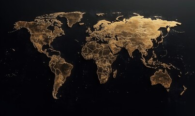 Poster - Golden world map on black background, detailed continents and countries