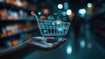 Poster - A hand grasps an abstract shopping cart representing online shopping, illuminated by ambient light in a contemporary retail setting. Generative AI