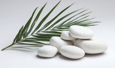 Poster - White stones stacked with green palm leaves, minimalist design, natural elements