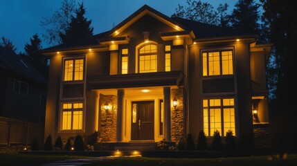 Aufkleber - The stylish house stands elegantly at night, its windows and doors glowing with alarm system lights that ensure security and protection. Generative AI