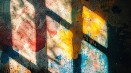 Poster - Abstract Texture of Colorful Shadows and Light Over a Weathered Wall Featuring Bright Yellow, Blue, Red Shades with Intriguing Patterns and Artistic Appeal