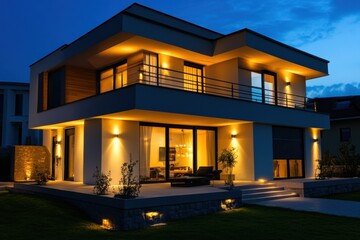 Aufkleber - A contemporary home stands elegantly at night, featuring bright alarm system lights on windows and doors, enhancing its security. Generative AI