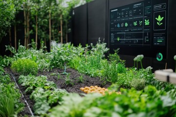 Aufkleber - The garden displays healthy plants being nurtured by advanced technology, showcasing automated sprinklers and soil sensors actively working. Generative AI