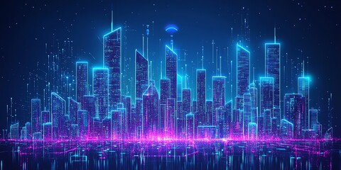Fototapete - Futuristic neon cityscape with glowing digital buildings and a network connection.