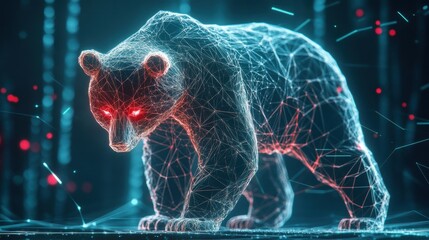Poster - Digital Bear in Futuristic Design with Neon Lights, Showing Connected Lines and Vivid Colors in a High-Tech Environment That Evokes Innovation and Creativity