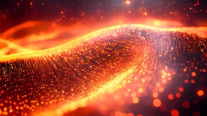 Poster - Glowing orange particles in a wave pattern, giving a futuristic and dynamic effect, representing technology, data flow, or energy