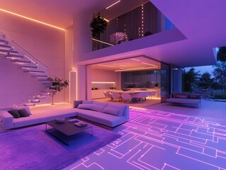 Aufkleber - Modern living room with a glowing purple floor and a view of a dining area and a patio.