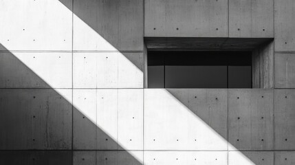Poster - Abstract architectural detail showcasing a concrete wall with a slender beam of light highlighting a window, creating a striking contrast in a minimalist setting