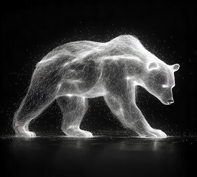 white, glowing wireframe hologram of a bear against a black background, with no shadows. The image is a 3D render, featuring stars, dots, and polygonal mesh lines.