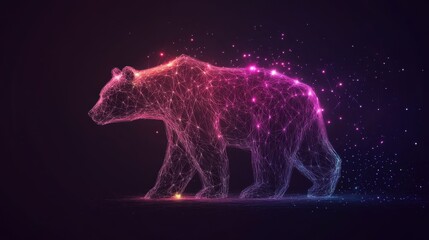 Leinwandbilder - Futuristic Neon Bear in a Digital Landscape, Showcasing a Vibrant and Colorful Representation of Wildlife Through Artistic Geometric Patterns and Light Effects