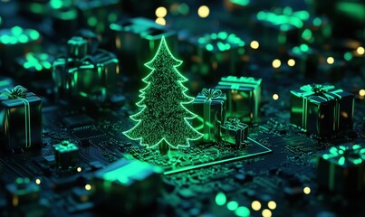 Poster - Christmas tree glowing on circuit board with gifts, festive technology theme