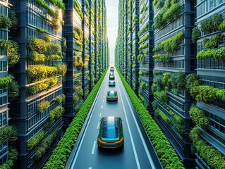 Aufkleber - A futuristic city street lined with green buildings and electric cars.