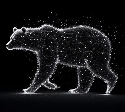 white, glowing wireframe hologram of a bear against a black background, with no shadows. The image is a 3D render, featuring stars, dots, and polygonal mesh lines.