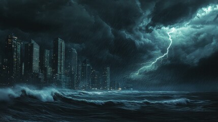 Poster - Dark clouds gather ominously over the coastal city as powerful waves crash against the shore, signaling an approaching storm. Generative AI