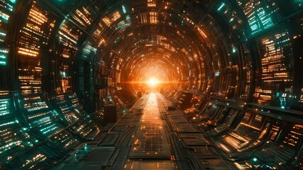 Poster - A futuristic tunnel illuminated with bright orange and teal lights, creating a high-tech, sci-fi ambiance with a warm, glowing exit point