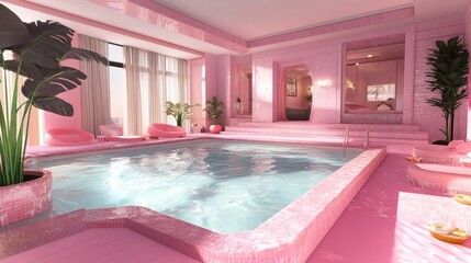 Poster - 3D Barbiecore pink pool with glamorous pink decor, vintage accents, and a mix of retro and modern touches for a unique vibe