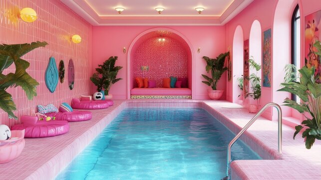 3D interior of a vibrant pink pool with Barbiecore style, featuring pink walls, retro accents, and fun decor elements for a playful atmosphere