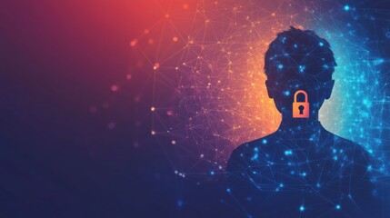 Fototapete - A figure stands silhouetted, highlighting the theme of privacy protection in AI through a colorful digital background featuring a lock. Generative AI