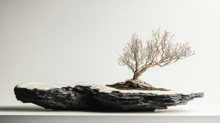 Poster - Artful display of a bare bonsai tree on a textured rock base, showcasing nature's elegance and minimalist design in an indoor setting, perfect for decor or inspiration