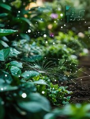 Poster - A vibrant garden features automated sprinklers and soil sensors, ensuring optimal growth and hydration for thriving plants. Generative AI