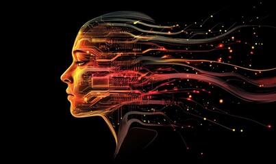 Poster - Digital human profile with circuit patterns and flowing lights