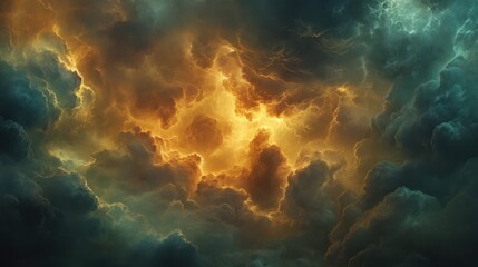 Poster - Dramatic Sky with Clouds and Fiery Light Emitting from the Center Creating an Atmospheric and Mysterious Scene for Background or Artwork Use