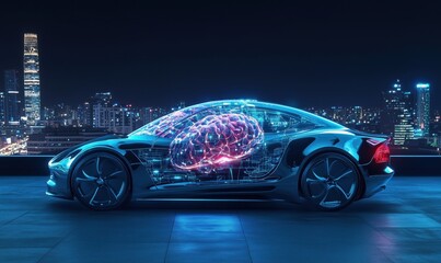 Poster - Futuristic car with brain visualization, city skyline at night, neon lights